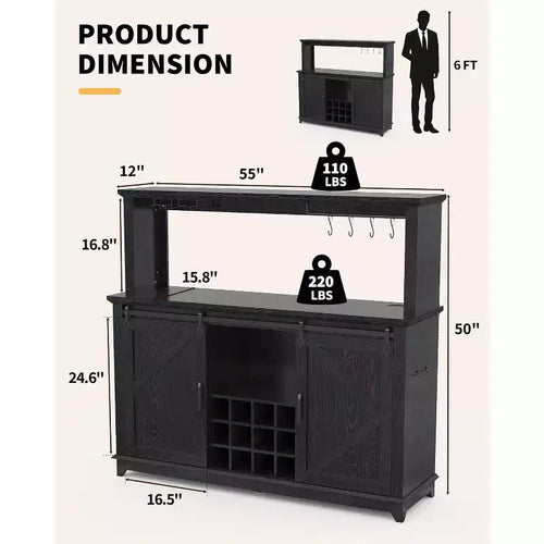 Meuble Bar-Café 55" avec lumières LED et prise de courant, porte de grange, support à verres à vin et rangement pour salle à manger