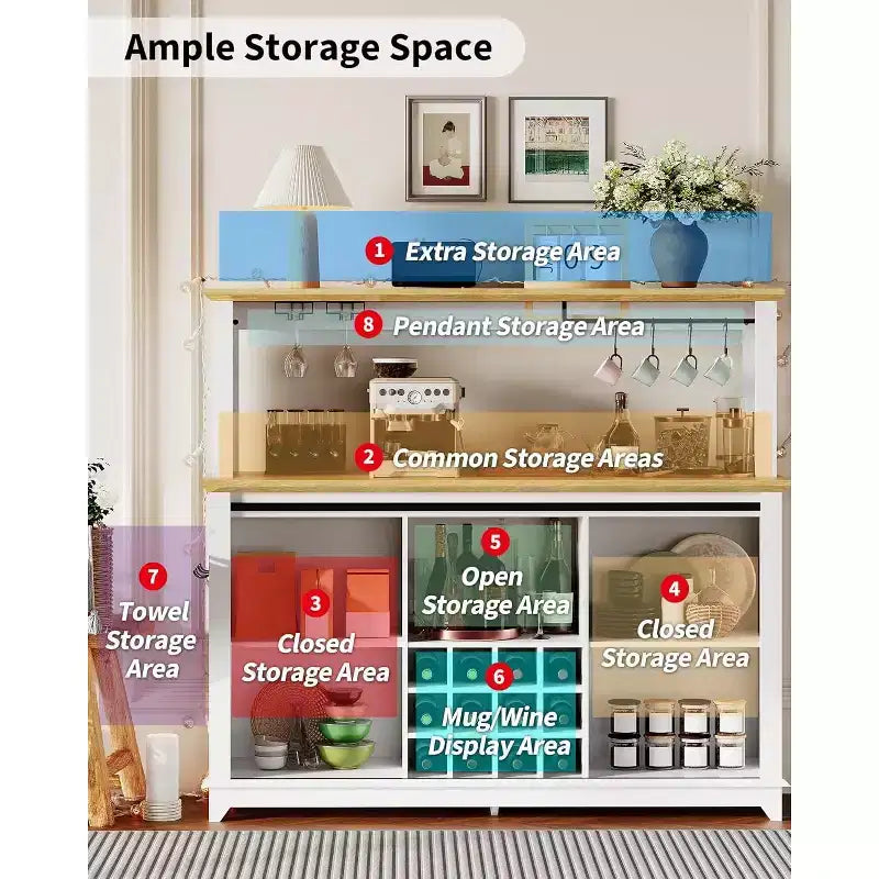 Meuble Bar-Café 55" avec lumières LED et prise de courant, porte de grange, support à verres à vin et rangement pour salle à manger
