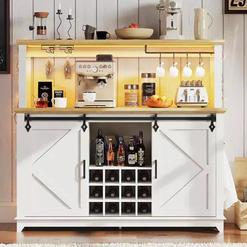 Meuble Bar-Café 55" avec lumières LED et prise de courant, porte de grange, support à verres à vin et rangement pour salle à manger