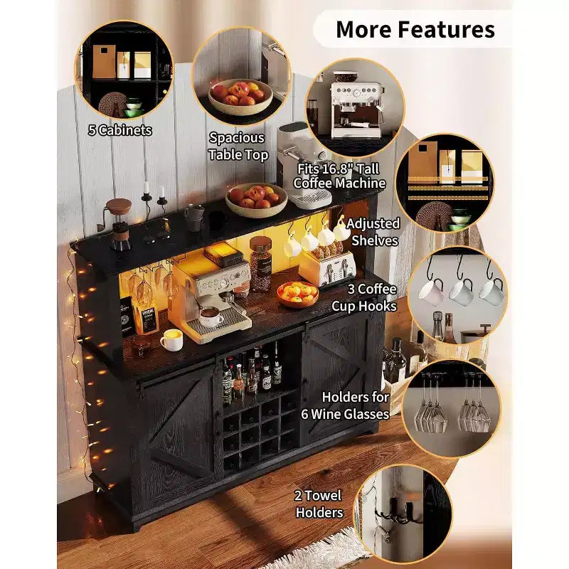 Meuble Bar-Café 55" avec lumières LED et prise de courant, porte de grange, support à verres à vin et rangement pour salle à manger