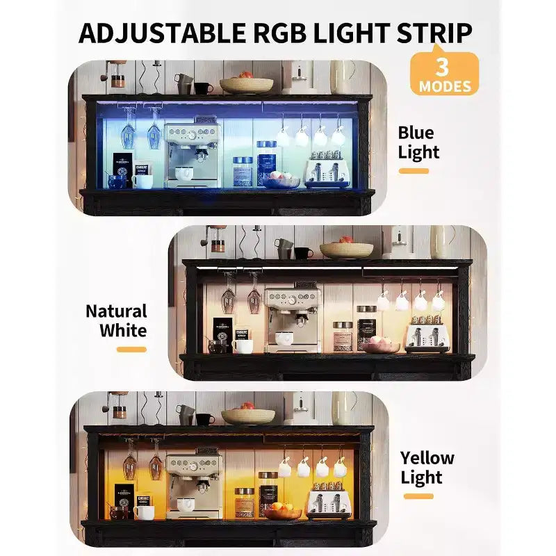 Meuble Bar-Café 55" avec lumières LED et prise de courant, porte de grange, support à verres à vin et rangement pour salle à manger