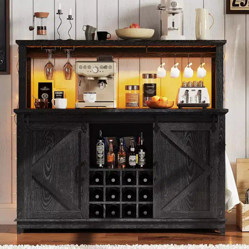 Meuble Bar-Café 55" avec lumières LED et prise de courant, porte de grange, support à verres à vin et rangement pour salle à manger