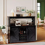 55 Coffee Bar Cabinet with LED Lights & Power Outlet, Barn Door, Wine Glass Rack & Storage for Dining Room