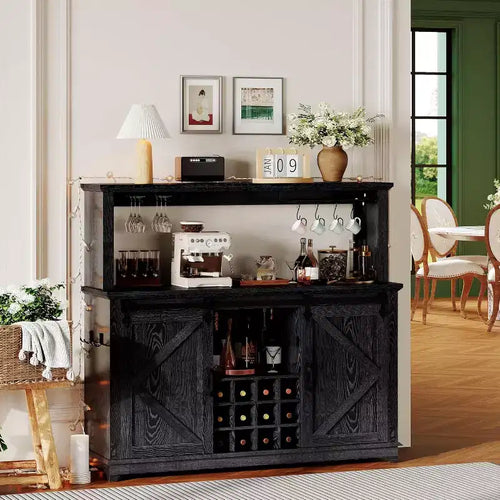 55 Coffee Bar Cabinet with LED Lights & Power Outlet, Barn Door, Wine Glass Rack & Storage for Dining Room
