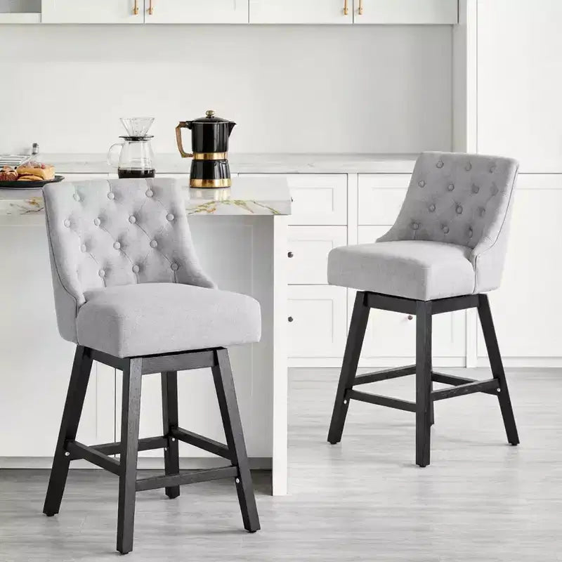 Tabouret de bar moderne Vipbear, hauteur de bar 36 pouces, design rétro avec boucles diamantées, rotatif, pieds en bois massif, lin