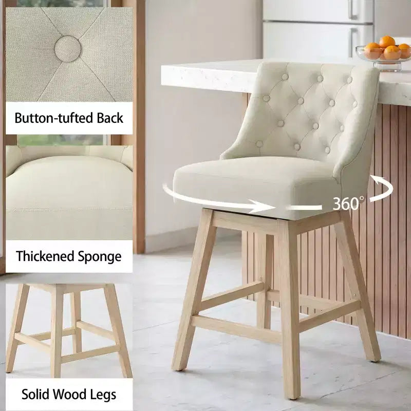 Tabouret de bar moderne Vipbear, hauteur de bar 36 pouces, design rétro avec boucles diamantées, rotatif, pieds en bois massif, lin