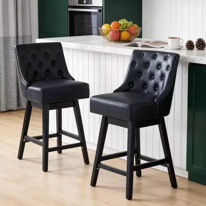 Tabouret de bar moderne Vipbear, hauteur de bar 36 pouces, design rétro avec boucles diamantées, rotatif, pieds en bois massif, lin