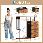 Commode de chambre à coucher de 49,2 pouces avec tringle à vêtements, commode à 6 tiroirs en tissu avec tringle à vêtements, commode de rangement à plateau en bois