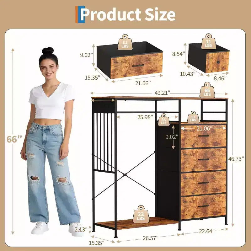 Commode de chambre à coucher de 49,2 pouces avec tringle à vêtements, commode à 6 tiroirs en tissu avec tringle à vêtements, commode de rangement à plateau en bois