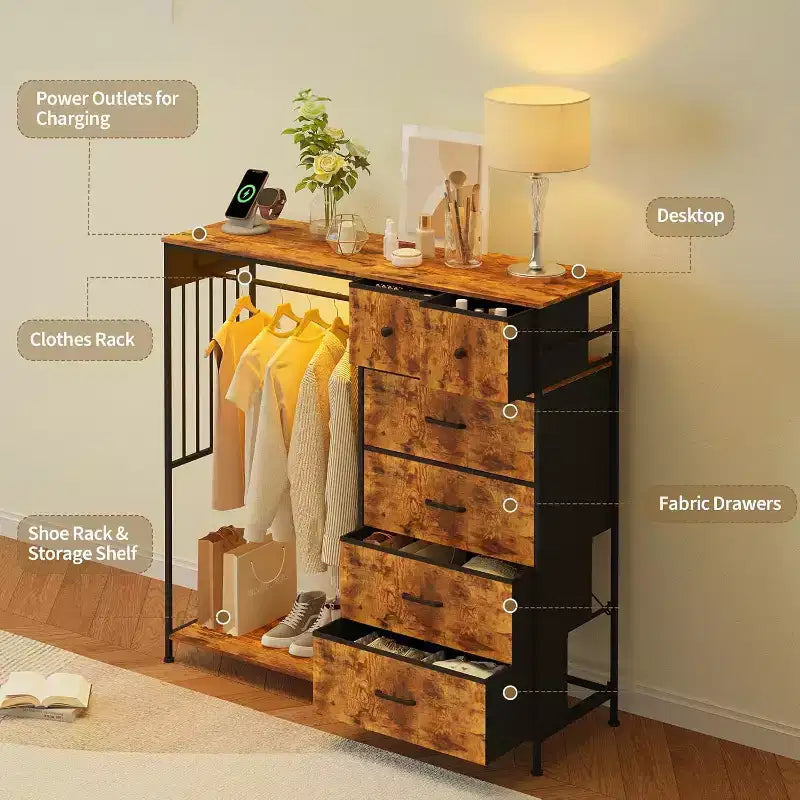 Commode de chambre à coucher de 49,2 pouces avec tringle à vêtements, commode à 6 tiroirs en tissu avec tringle à vêtements, commode de rangement à plateau en bois