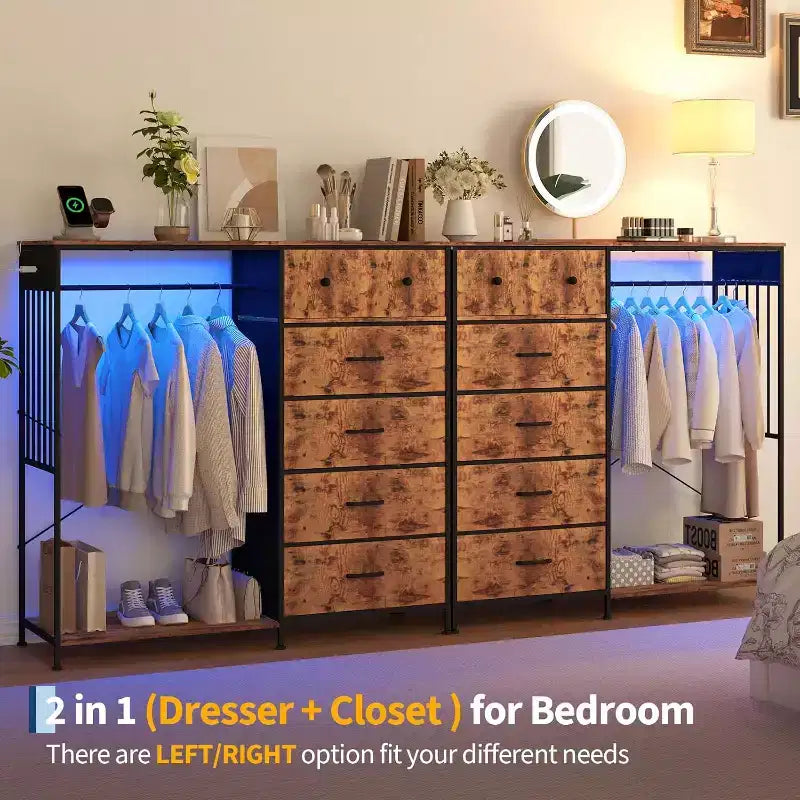 Commode de chambre à coucher de 49,2 pouces avec tringle à vêtements, commode à 6 tiroirs en tissu avec tringle à vêtements, commode de rangement à plateau en bois