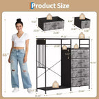 Commode de chambre à coucher de 49,2 pouces avec tringle à vêtements, commode à 6 tiroirs en tissu avec tringle à vêtements, commode de rangement à plateau en bois