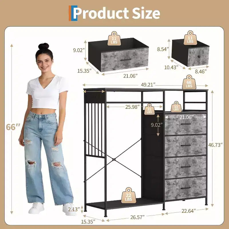 Commode de chambre à coucher de 49,2 pouces avec tringle à vêtements, commode à 6 tiroirs en tissu avec tringle à vêtements, commode de rangement à plateau en bois