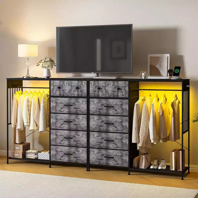 Commode de chambre à coucher de 49,2 pouces avec tringle à vêtements, commode à 6 tiroirs en tissu avec tringle à vêtements, commode de rangement à plateau en bois