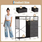 Commode de chambre à coucher de 49,2 pouces avec tringle à vêtements, commode à 6 tiroirs en tissu avec tringle à vêtements, commode de rangement à plateau en bois