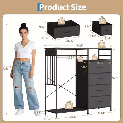Commode de chambre à coucher de 49,2 pouces avec tringle à vêtements, commode à 6 tiroirs en tissu avec tringle à vêtements, commode de rangement à plateau en bois