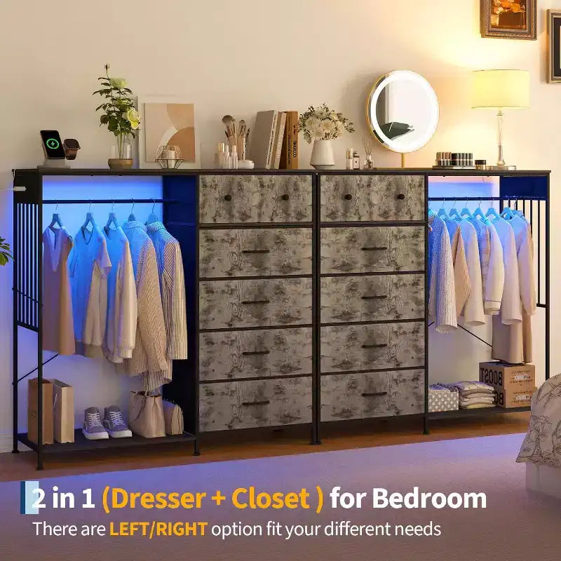 Commode de chambre à coucher de 49,2 pouces avec tringle à vêtements, commode à 6 tiroirs en tissu avec tringle à vêtements, commode de rangement à plateau en bois