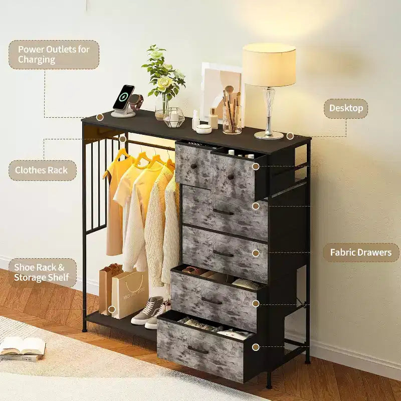 Commode de chambre à coucher de 49,2 pouces avec tringle à vêtements, commode à 6 tiroirs en tissu avec tringle à vêtements, commode de rangement à plateau en bois