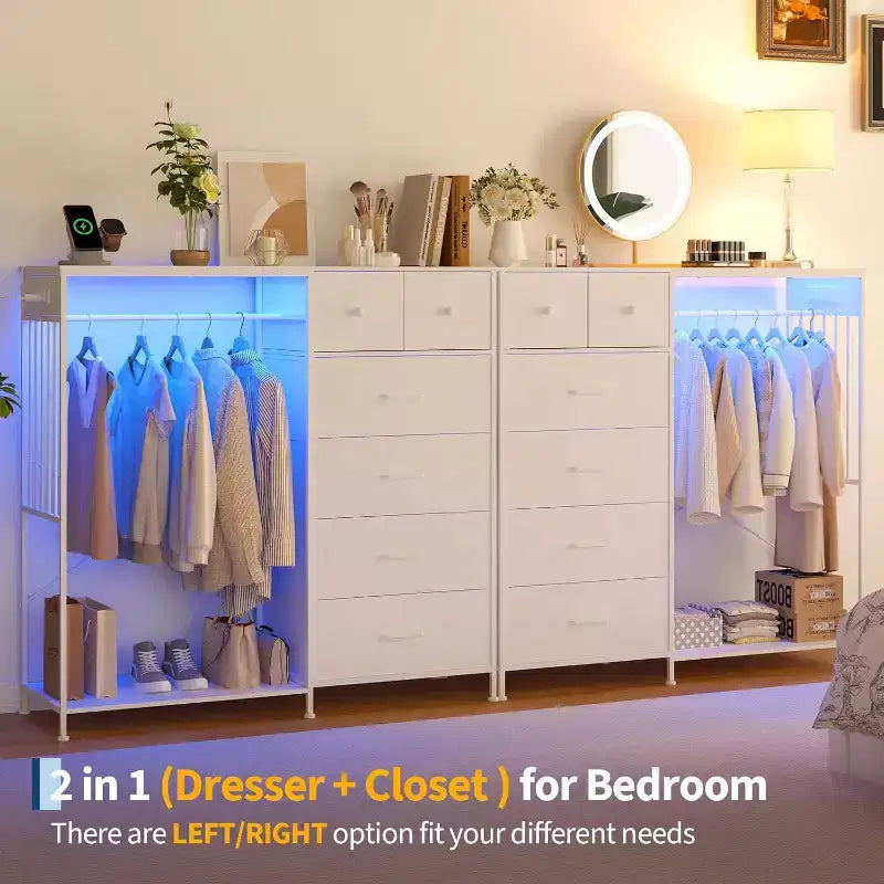 Commode de chambre à coucher de 49,2 pouces avec tringle à vêtements, commode à 6 tiroirs en tissu avec tringle à vêtements, commode de rangement à plateau en bois