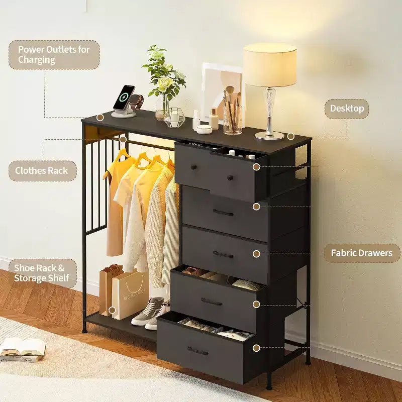 Commode de chambre à coucher de 49,2 pouces avec tringle à vêtements, commode à 6 tiroirs en tissu avec tringle à vêtements, commode de rangement à plateau en bois