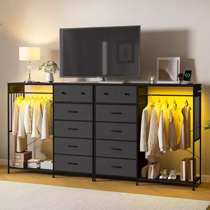 Commode de chambre à coucher de 49,2 pouces avec tringle à vêtements, commode à 6 tiroirs en tissu avec tringle à vêtements, commode de rangement à plateau en bois