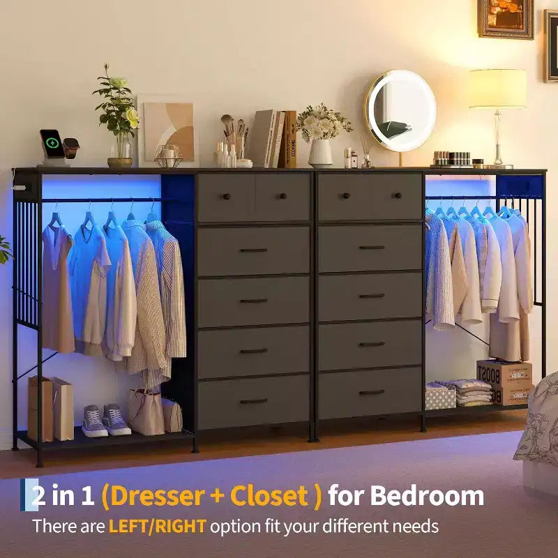 Commode de chambre à coucher de 49,2 pouces avec tringle à vêtements, commode à 6 tiroirs en tissu avec tringle à vêtements, commode de rangement à plateau en bois