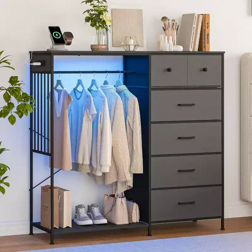 49.2 W Dresser for Bedroom with Hanging Rack, 6 Fabric Drawers Dresser with Clothes Rack, Wooden Top Storage Chest of Drawers