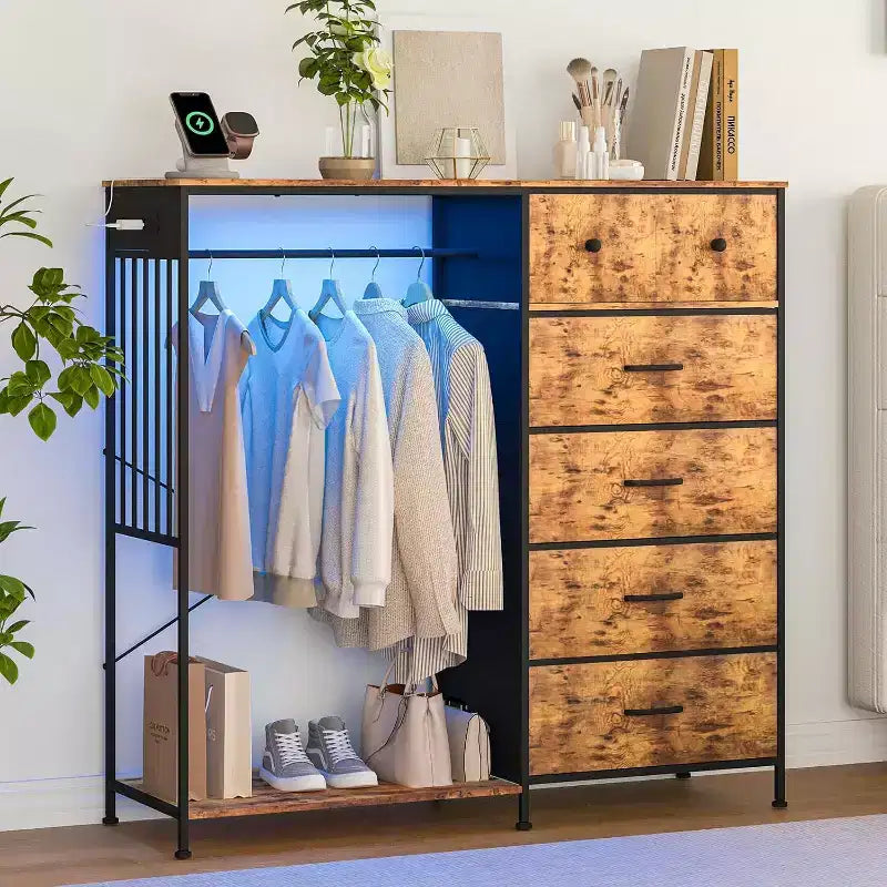 Commode de chambre à coucher de 49,2 pouces avec tringle à vêtements, commode à 6 tiroirs en tissu avec tringle à vêtements, commode de rangement à plateau en bois