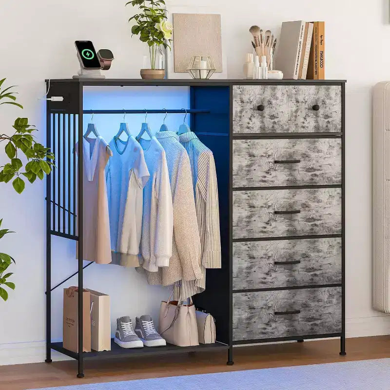 Commode de chambre à coucher de 49,2 pouces avec tringle à vêtements, commode à 6 tiroirs en tissu avec tringle à vêtements, commode de rangement à plateau en bois