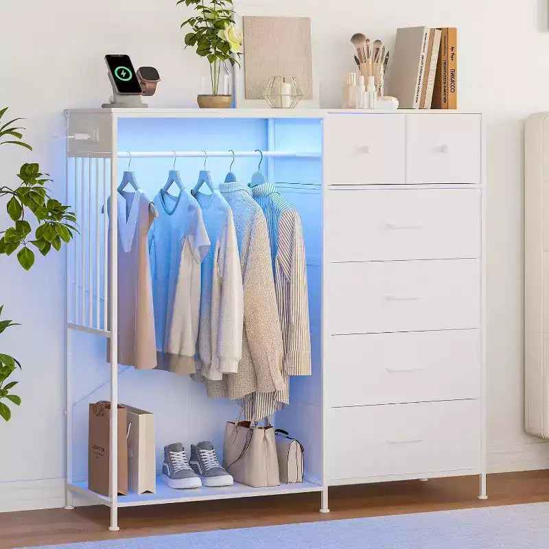 Commode de chambre à coucher de 49,2 pouces avec tringle à vêtements, commode à 6 tiroirs en tissu avec tringle à vêtements, commode de rangement à plateau en bois