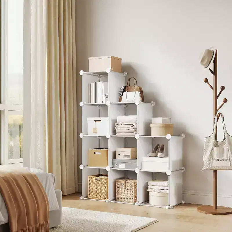 Organisateur de rangement 9 cubes en PVC, Étagère modulaire facile à assembler pour chambre et salon, Blanc