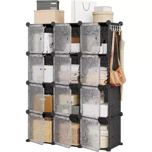 12 Cube Storage Organizer with Doors Modular Plastic Bookcase for Bedroom Living Room, Black
