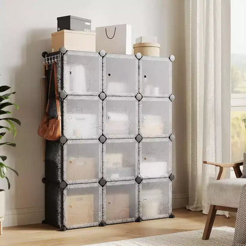 Organisateur de rangement 12 cubes avec portes, bibliothèque modulaire en plastique pour chambre à coucher et salon, Noir