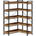 COZONY 5-Tier L-Shaped Industrial Corner Bookshelf, Tall Wooden Bookcase w/ 4 Hooks & Metal Frame