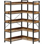 COZONY 5-Tier L-Shaped Industrial Corner Bookshelf, Tall Wooden Bookcase w/ 4 Hooks & Metal Frame