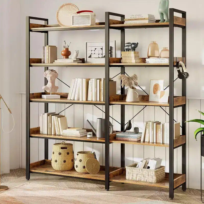 COZONY Bibliothèque d'angle industrielle à 5 niveaux en forme de L, haute étagère en bois avec 4 crochets et cadre métallique