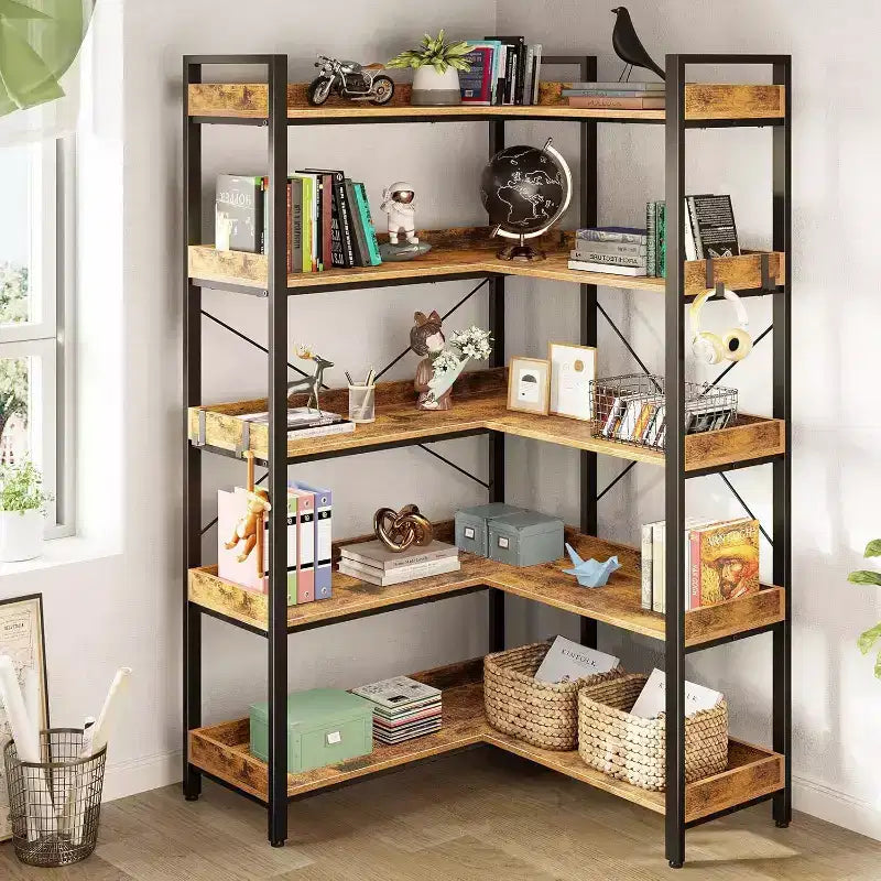 COZONY Bibliothèque d'angle industrielle à 5 niveaux en forme de L, haute étagère en bois avec 4 crochets et cadre métallique