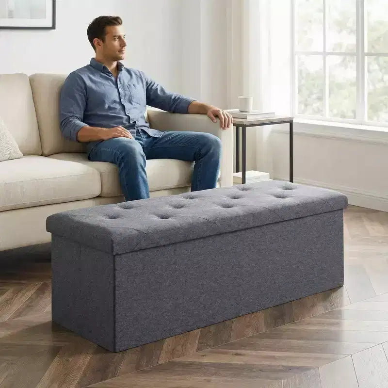 Banc de Rangement Pliable avec Couvercle Relevable, Repose-Pieds Rembourré et Coffre de Rangement de Bout de Lit pour Salon, Chambre, Entrée, 47 Gris