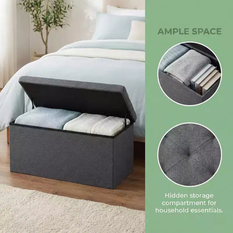 Banc de Rangement Pliable avec Couvercle Relevable, Repose-Pieds Rembourré et Coffre de Rangement de Bout de Lit pour Salon, Chambre, Entrée, 47 Gris