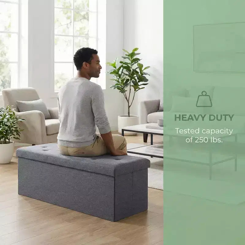 Banc de Rangement Pliable avec Couvercle Relevable, Repose-Pieds Rembourré et Coffre de Rangement de Bout de Lit pour Salon, Chambre, Entrée, 47 Gris