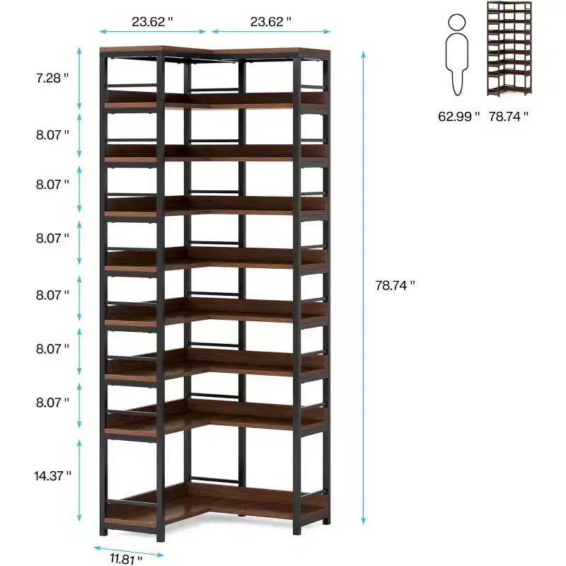 Étagère à chaussures d'angle Lantine à 9 niveaux, organisateur vertical autoportant haut pour entrée, couloir, placard, marron rustique, gain de place
