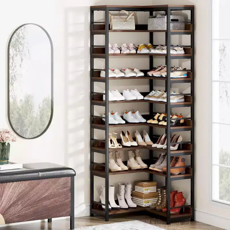 Étagère à chaussures d'angle Lantine à 9 niveaux, organisateur vertical autoportant haut pour entrée, couloir, placard, marron rustique, gain de place