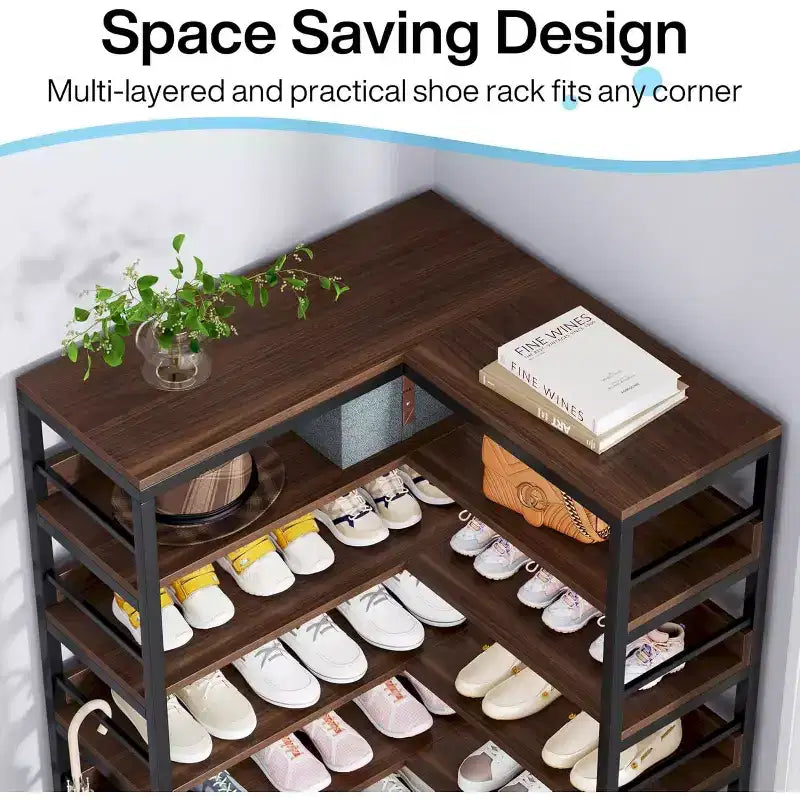 Étagère à chaussures d'angle Lantine à 9 niveaux, organisateur vertical autoportant haut pour entrée, couloir, placard, marron rustique, gain de place