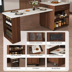 Îlot de cuisine mobile de 80 pouces avec comptoir extensible à grain de marbre, armoire, tiroirs et espace repas, finition noyer pour la préparation et le repas dans la cuisine