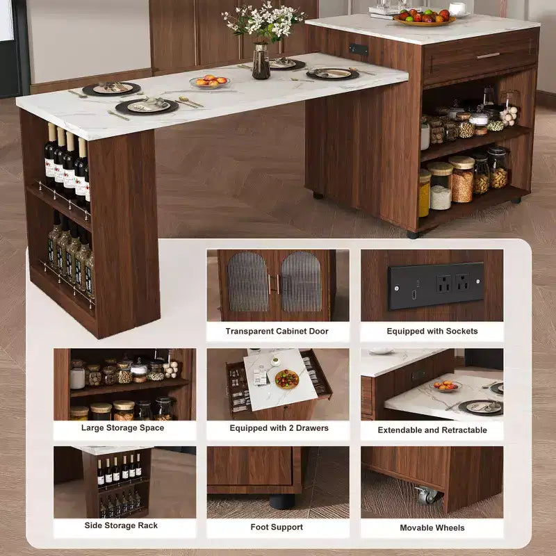 Îlot de cuisine mobile de 80 pouces avec comptoir extensible à grain de marbre, armoire, tiroirs et espace repas, finition noyer pour la préparation et le repas dans la cuisine