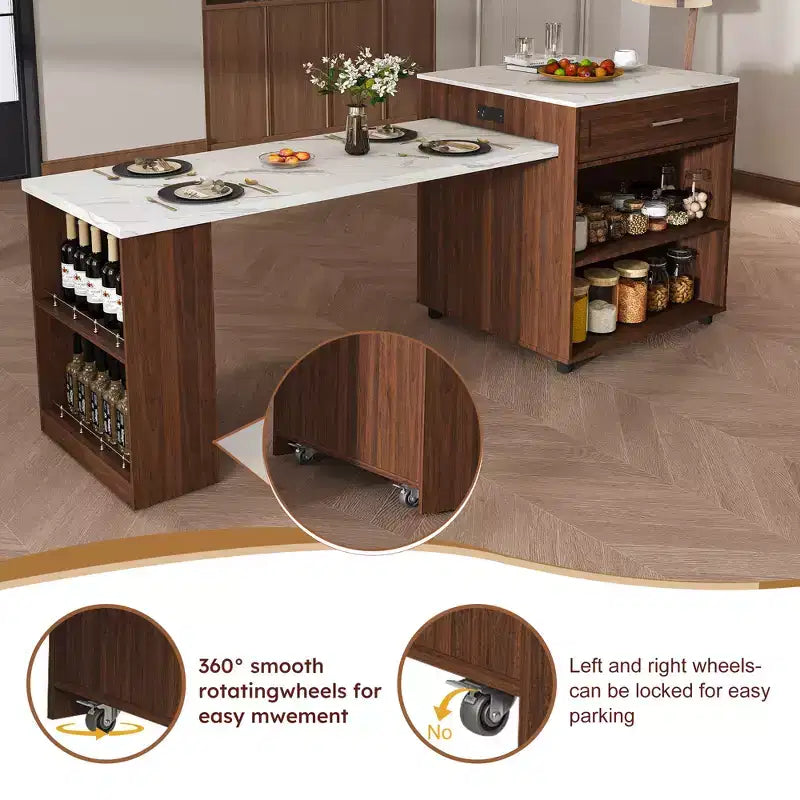 Îlot de cuisine mobile de 80 pouces avec comptoir extensible à grain de marbre, armoire, tiroirs et espace repas, finition noyer pour la préparation et le repas dans la cuisine