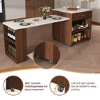 Îlot de cuisine mobile de 80 pouces avec comptoir extensible à grain de marbre, armoire, tiroirs et espace repas, finition noyer pour la préparation et le repas dans la cuisine
