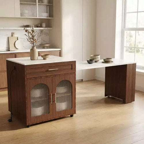 80-Inch Mobile Kitchen Island  Expandable Marble-Grain Countertop with Cabinet, Drawers & Dining Space, Walnut Finish for Kitchen Prep & Dining