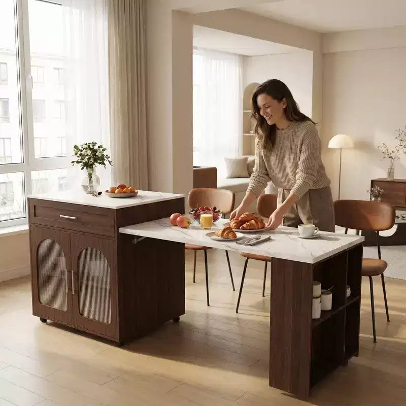 Îlot de cuisine mobile de 80 pouces avec comptoir extensible à grain de marbre, armoire, tiroirs et espace repas, finition noyer pour la préparation et le repas dans la cuisine