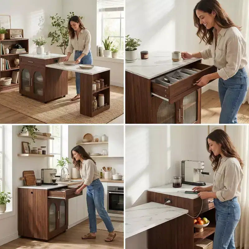Îlot de cuisine mobile de 80 pouces avec comptoir extensible à grain de marbre, armoire, tiroirs et espace repas, finition noyer pour la préparation et le repas dans la cuisine